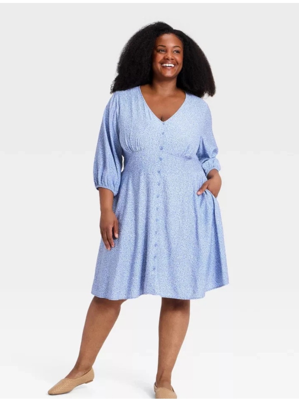 Ava & Viv Light Blue Floral V-Neck Midi Dress with Buttons